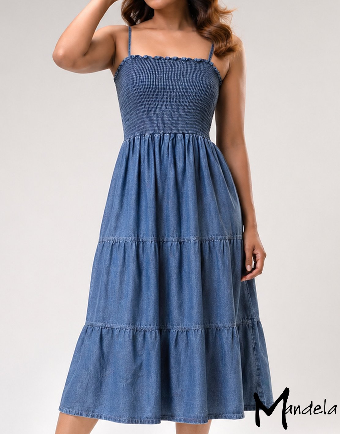 Smocked Denim Midi Dress