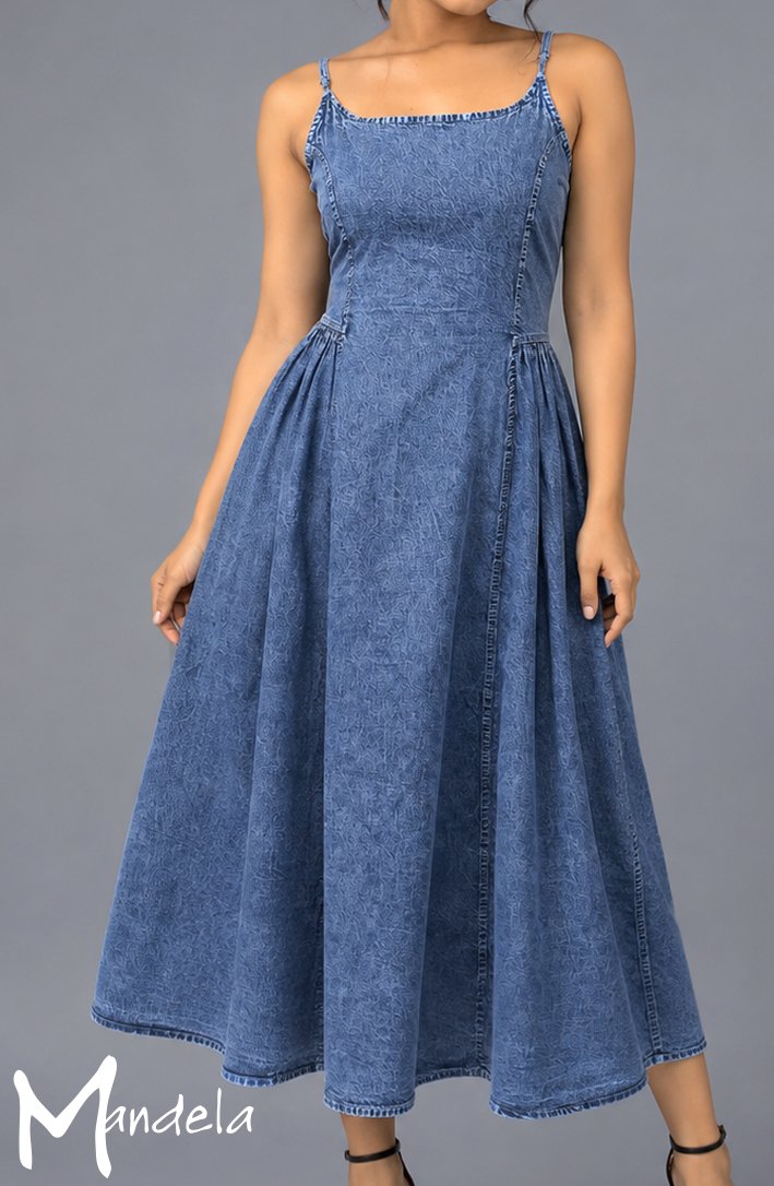 Denim MIDI Dress With Side Bustle Panels